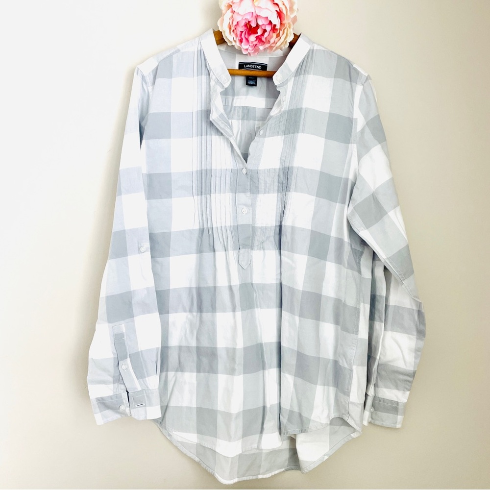 Lands' End Light Gray White Buffalo Plaid Cotton Shirt 14